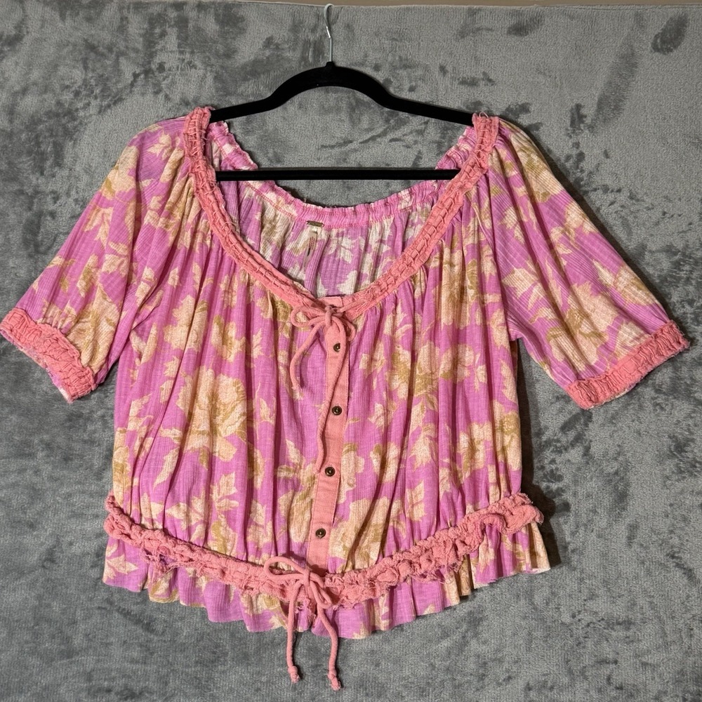 Free People Cottagecore Floral Brown Tie-Front Crop Top size Small P Festival